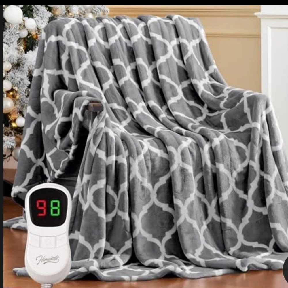Heated Throw GRAY & WHITE FLANNEL Blanket 50x60” 10-Heat Levels Auto On/Off